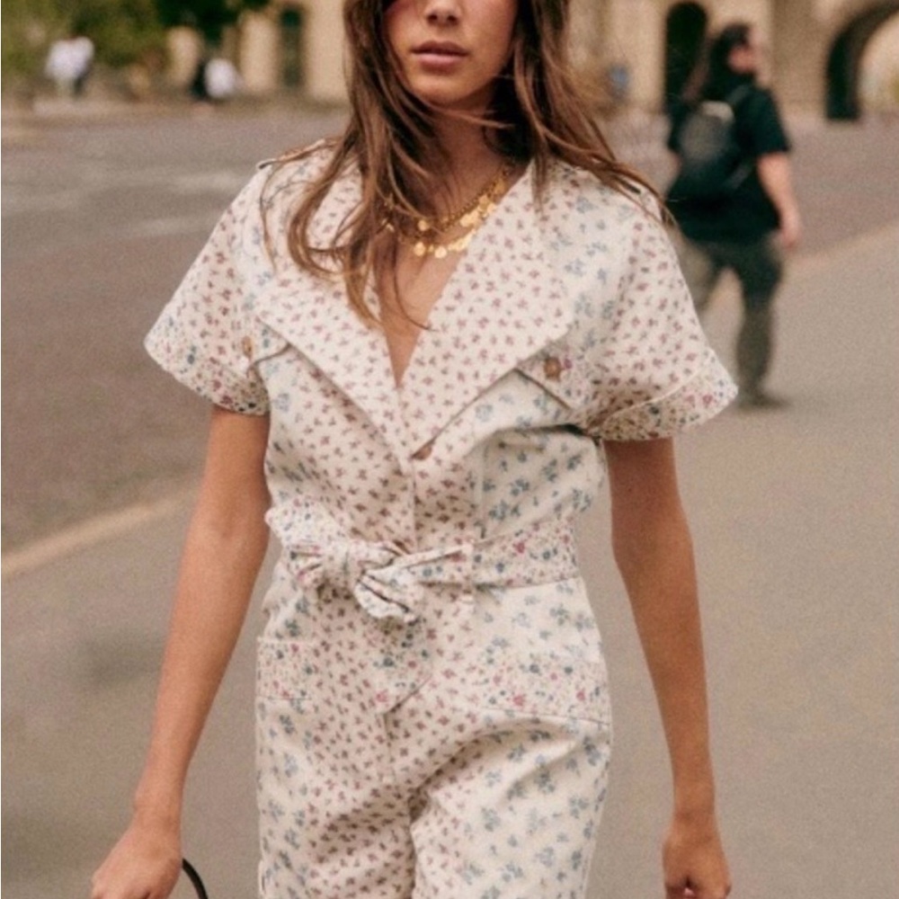 NWT Sezane Floral Short-Sleeve Jumpsuit with Belt